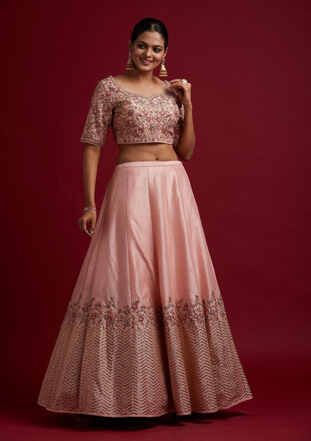 Baby Pink Threadwork Raw Silk Designer Lehenga - koskii