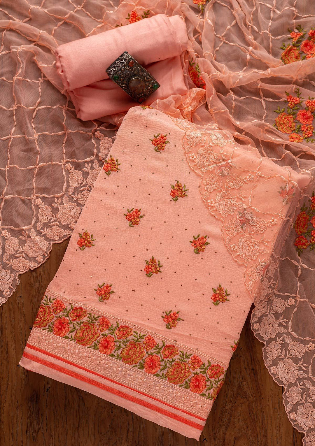 Baby Pink Threadwork Semi Crepe Designer Unstitched Salwar Suit - koskii
