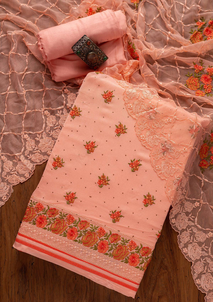 Baby Pink Threadwork Semi Crepe Designer Unstitched Salwar Suit - koskii