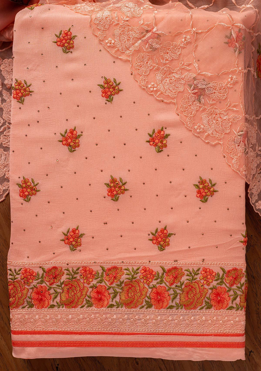 Baby Pink Threadwork Semi Crepe Designer Unstitched Salwar Suit - koskii
