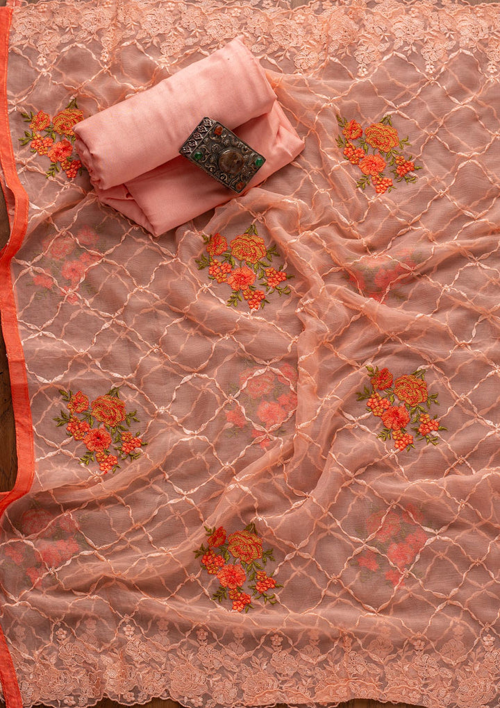 Baby Pink Threadwork Semi Crepe Designer Unstitched Salwar Suit - koskii