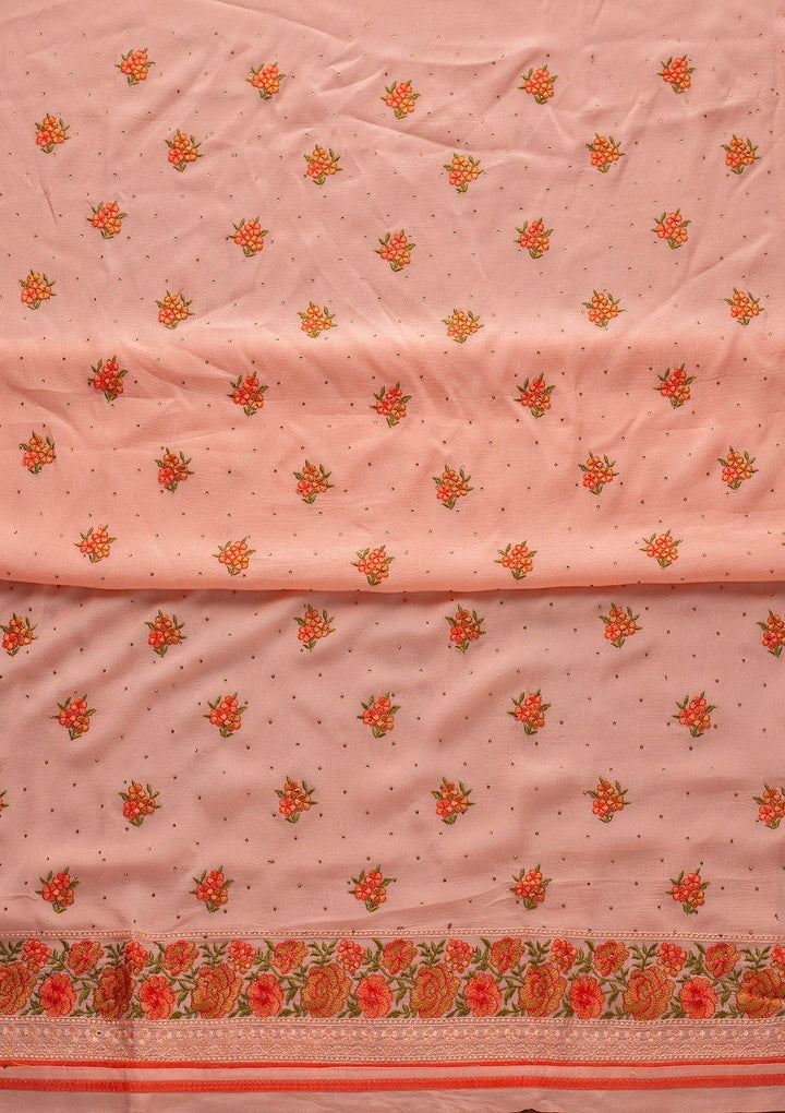 Baby Pink Threadwork Semi Crepe Designer Unstitched Salwar Suit - koskii
