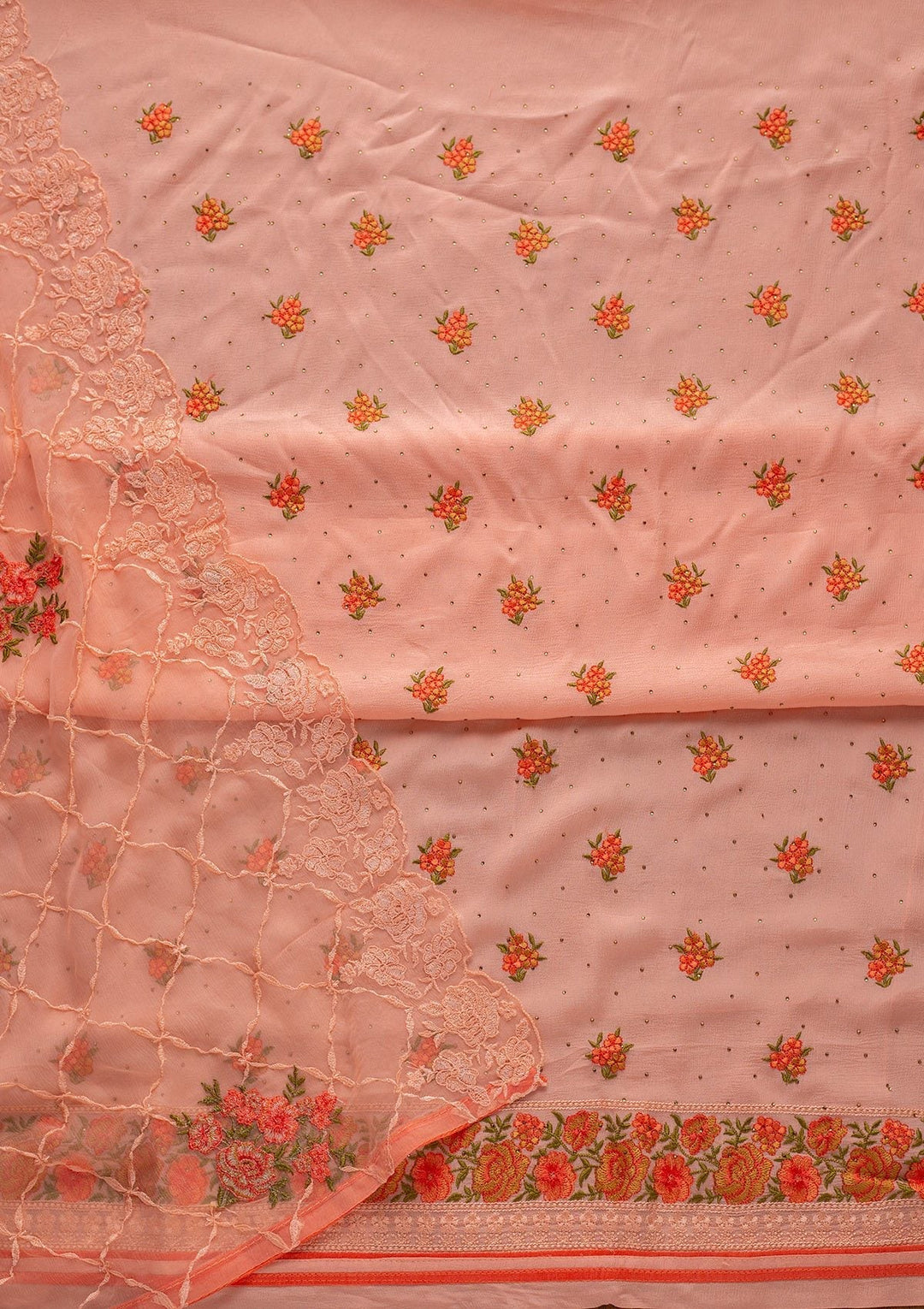 Baby Pink Threadwork Semi Crepe Designer Unstitched Salwar Suit - koskii