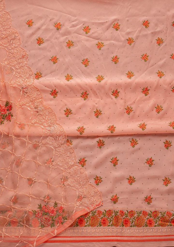 Baby Pink Threadwork Semi Crepe Designer Unstitched Salwar Suit - koskii