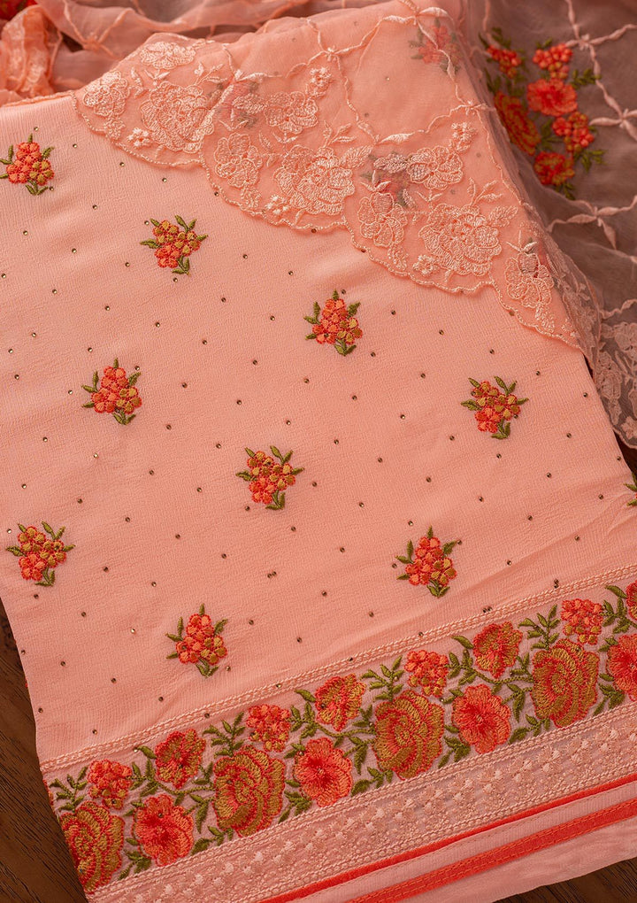 Baby Pink Threadwork Semi Crepe Designer Unstitched Salwar Suit - koskii