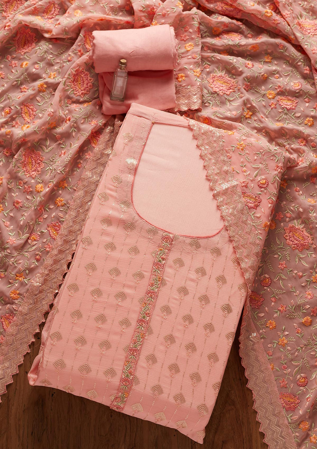 Baby Pink Threadwork Semi Crepe Designer Unstitched Salwar Suit - koskii