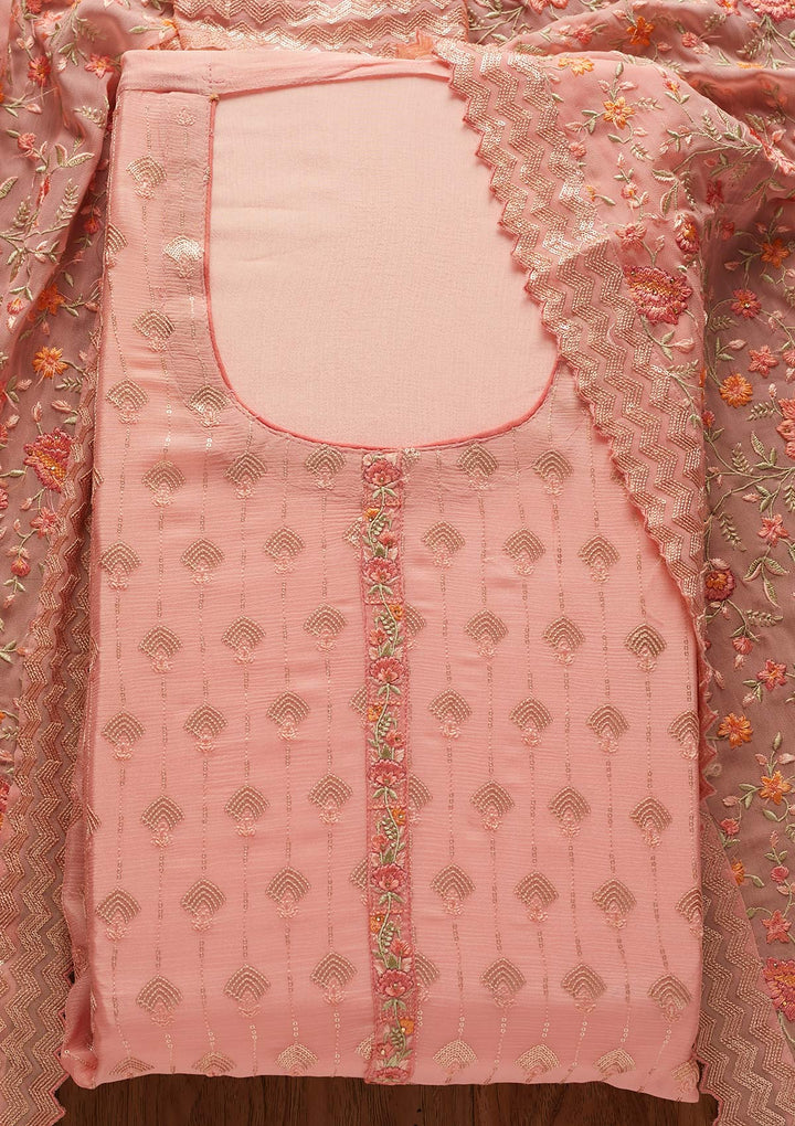 Baby Pink Threadwork Semi Crepe Designer Unstitched Salwar Suit - koskii