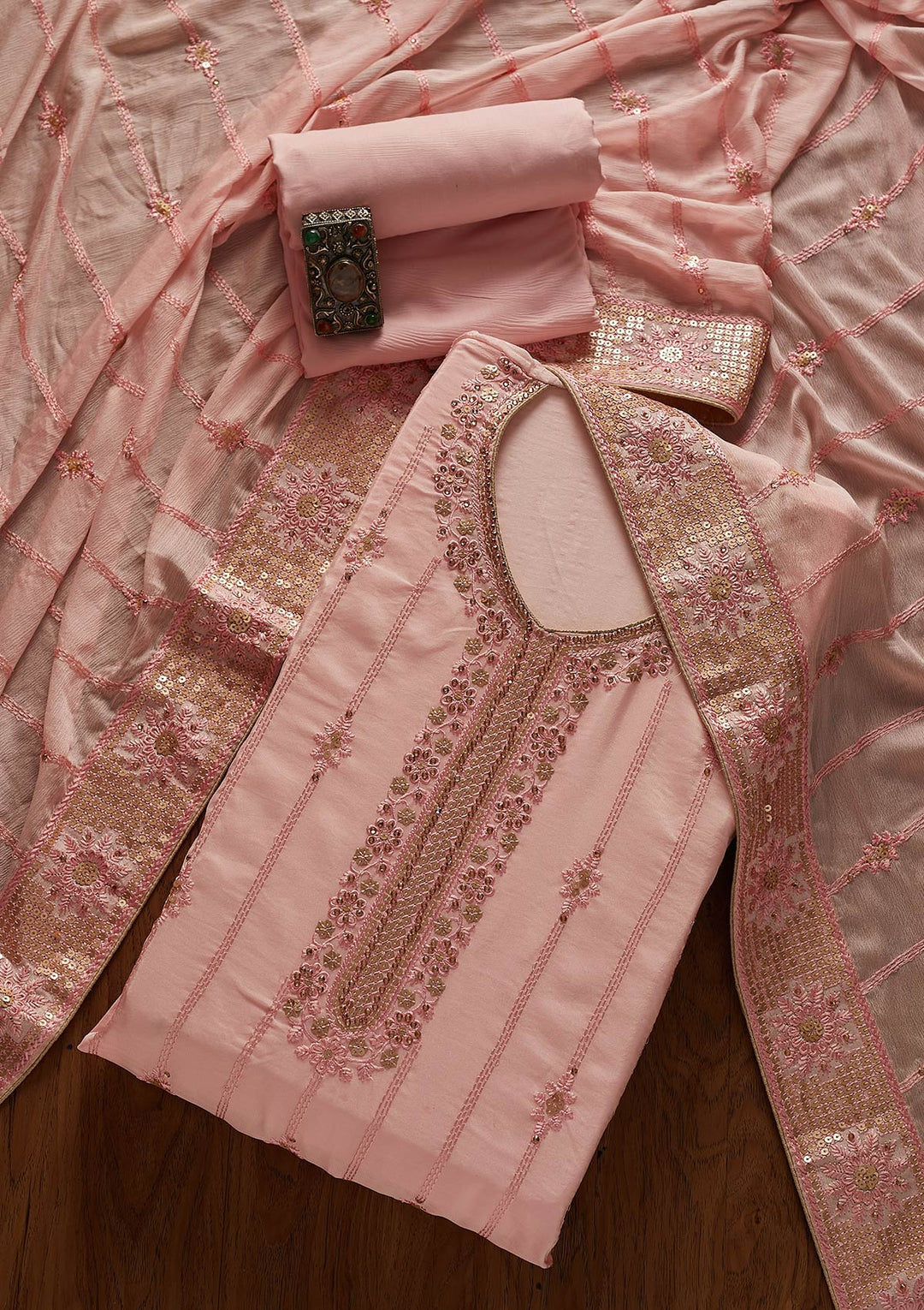 Baby Pink Threadwork Semi Crepe Designer Unstitched Salwar Suit - koskii
