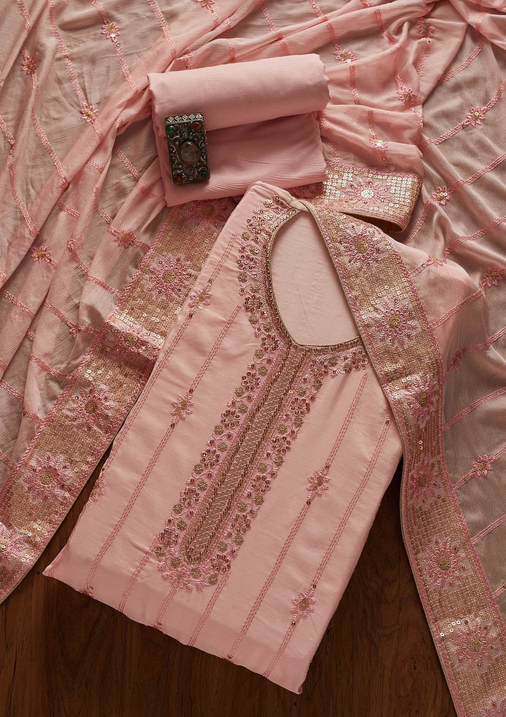 Baby Pink Threadwork Semi Crepe Designer Unstitched Salwar Suit - koskii