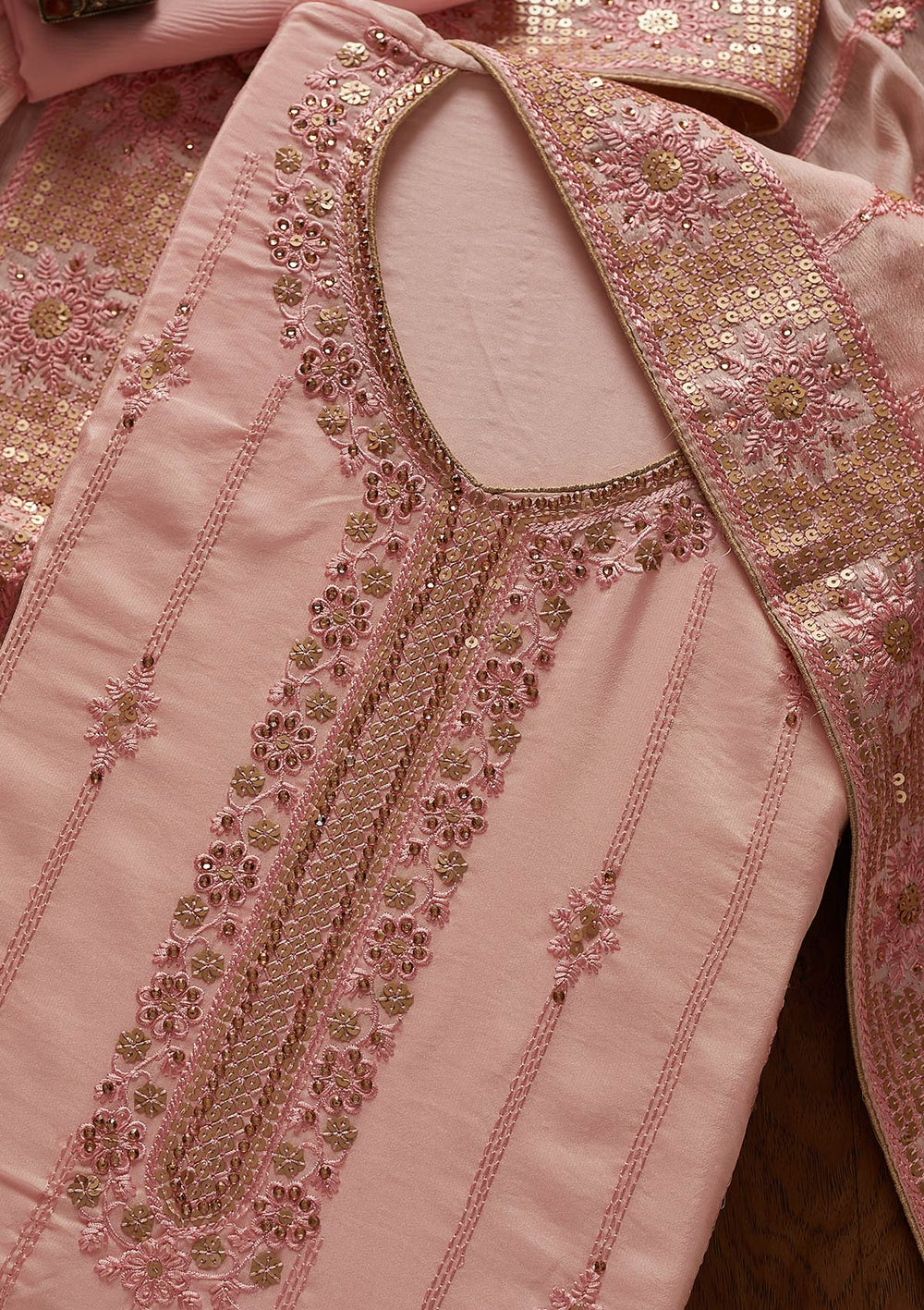Baby Pink Threadwork Semi Crepe Designer Unstitched Salwar Suit - koskii