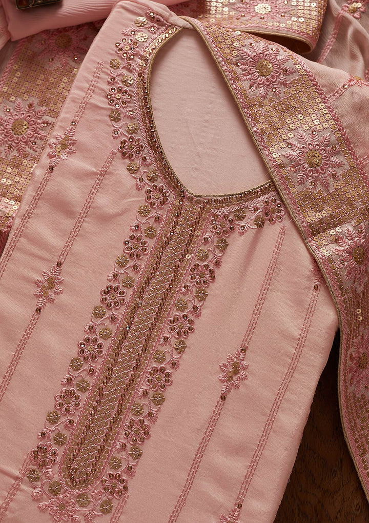 Baby Pink Threadwork Semi Crepe Designer Unstitched Salwar Suit - koskii