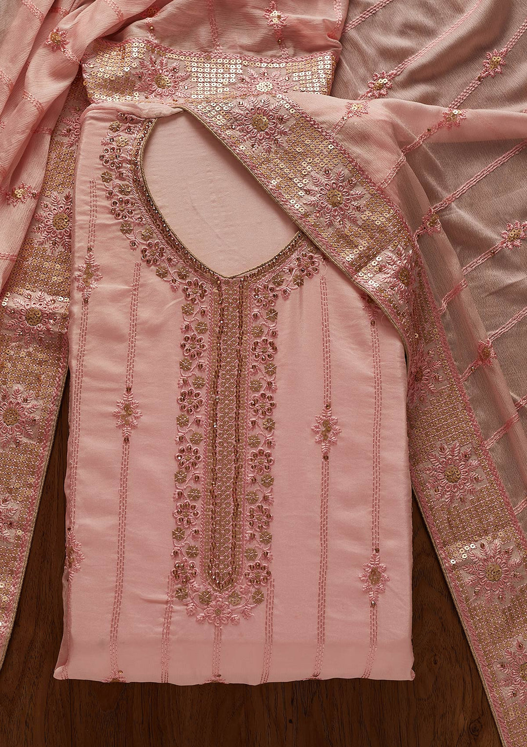 Baby Pink Threadwork Semi Crepe Designer Unstitched Salwar Suit - koskii