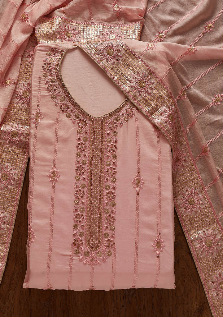 Baby Pink Threadwork Semi Crepe Designer Unstitched Salwar Suit - koskii