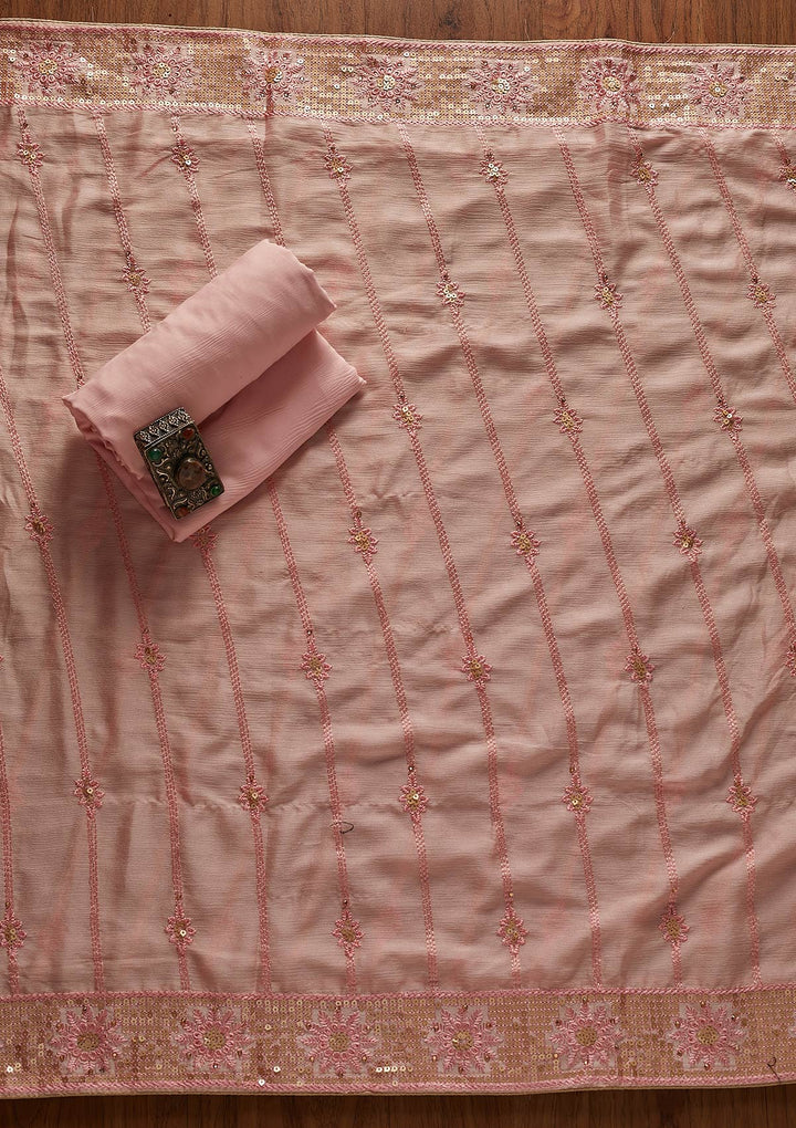 Baby Pink Threadwork Semi Crepe Designer Unstitched Salwar Suit - koskii