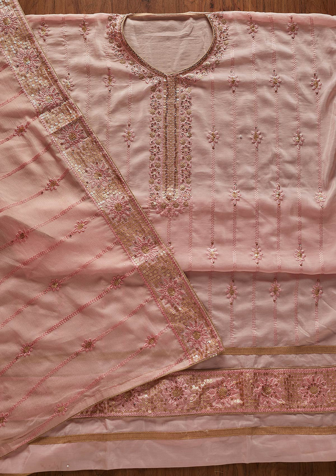 Baby Pink Threadwork Semi Crepe Designer Unstitched Salwar Suit - koskii