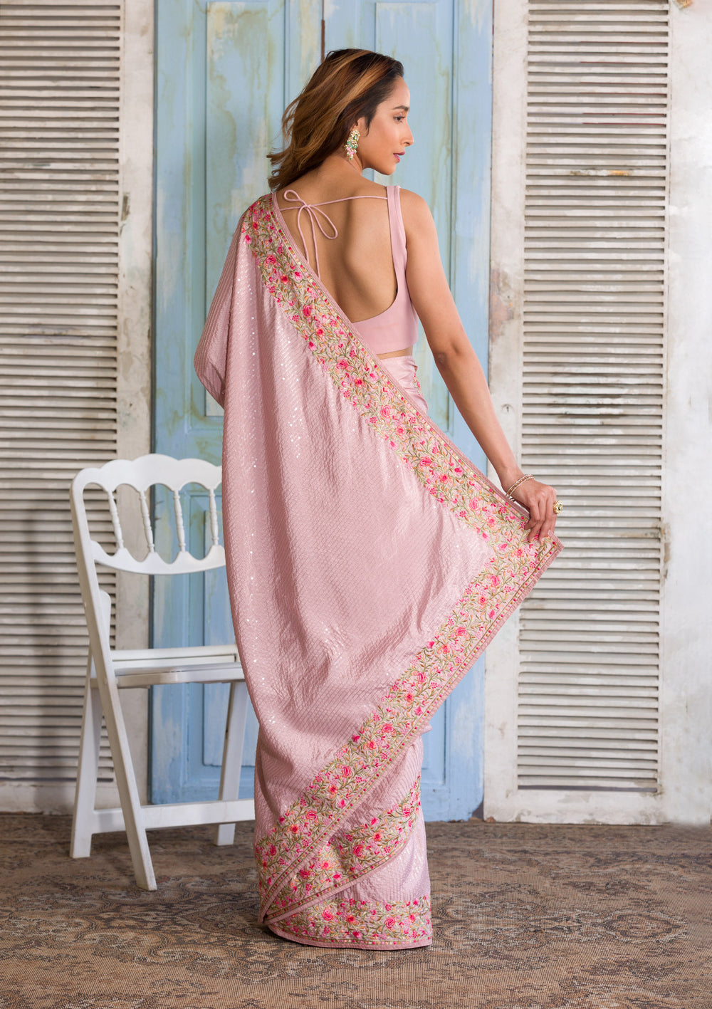 Baby Pink Threadwork Semi Crepe Designer Saree-Koskii