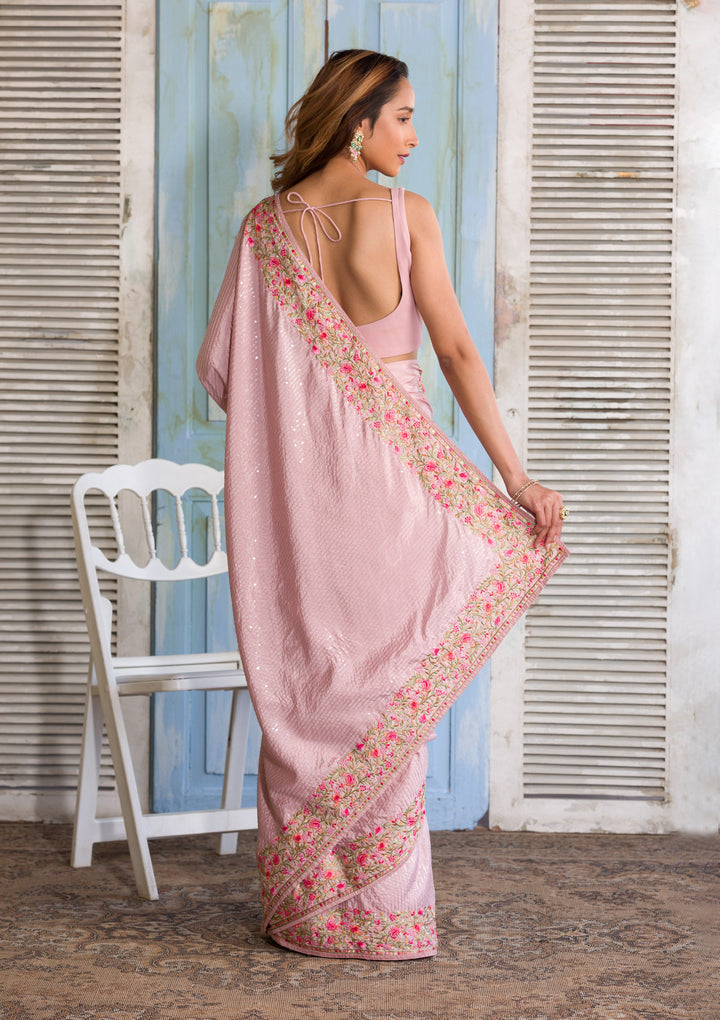 Baby Pink Threadwork Semi Crepe Designer Saree-Koskii