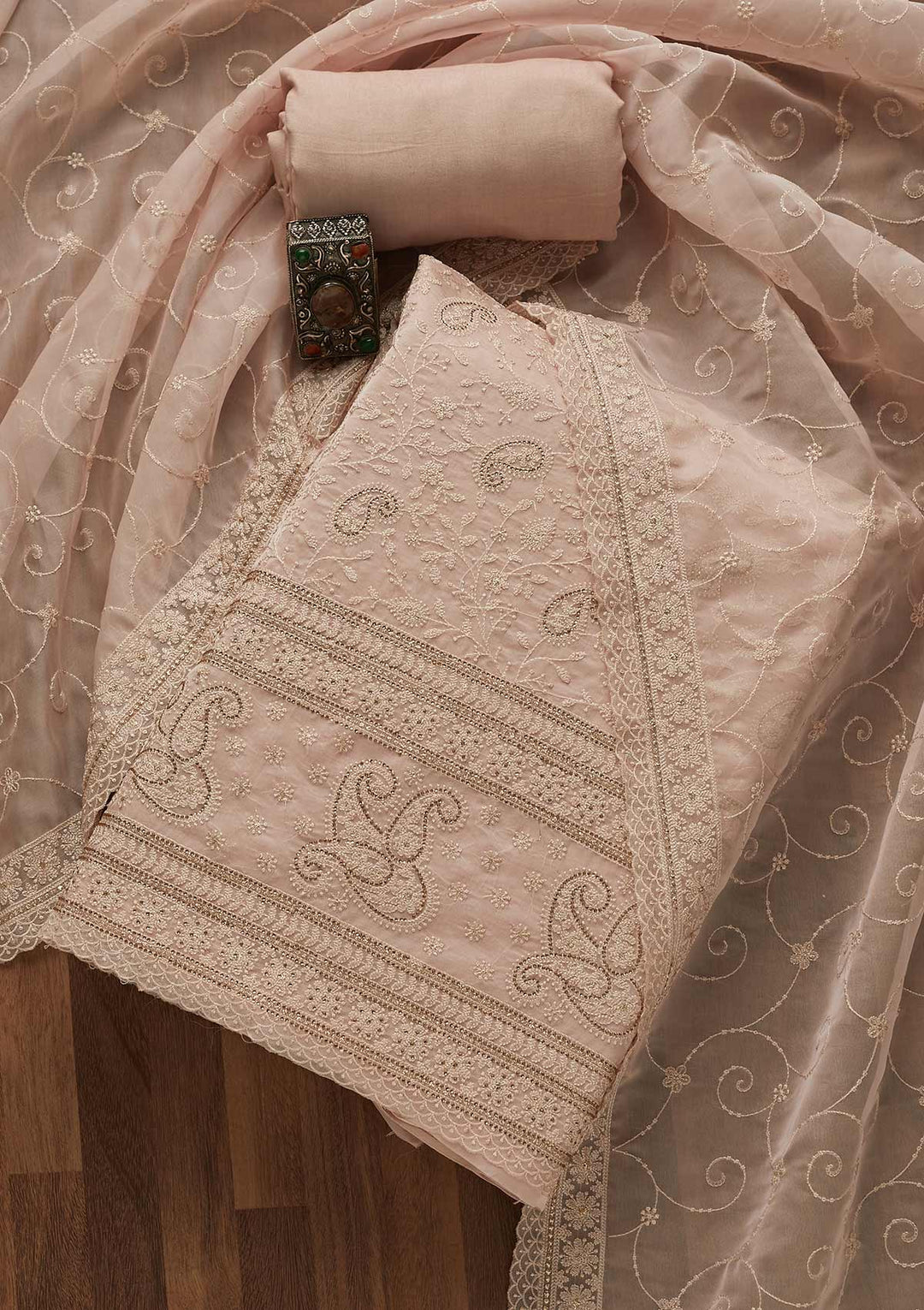 Baby Pink Threadwork Tissue Unstitched Salwar Suit-Koskii