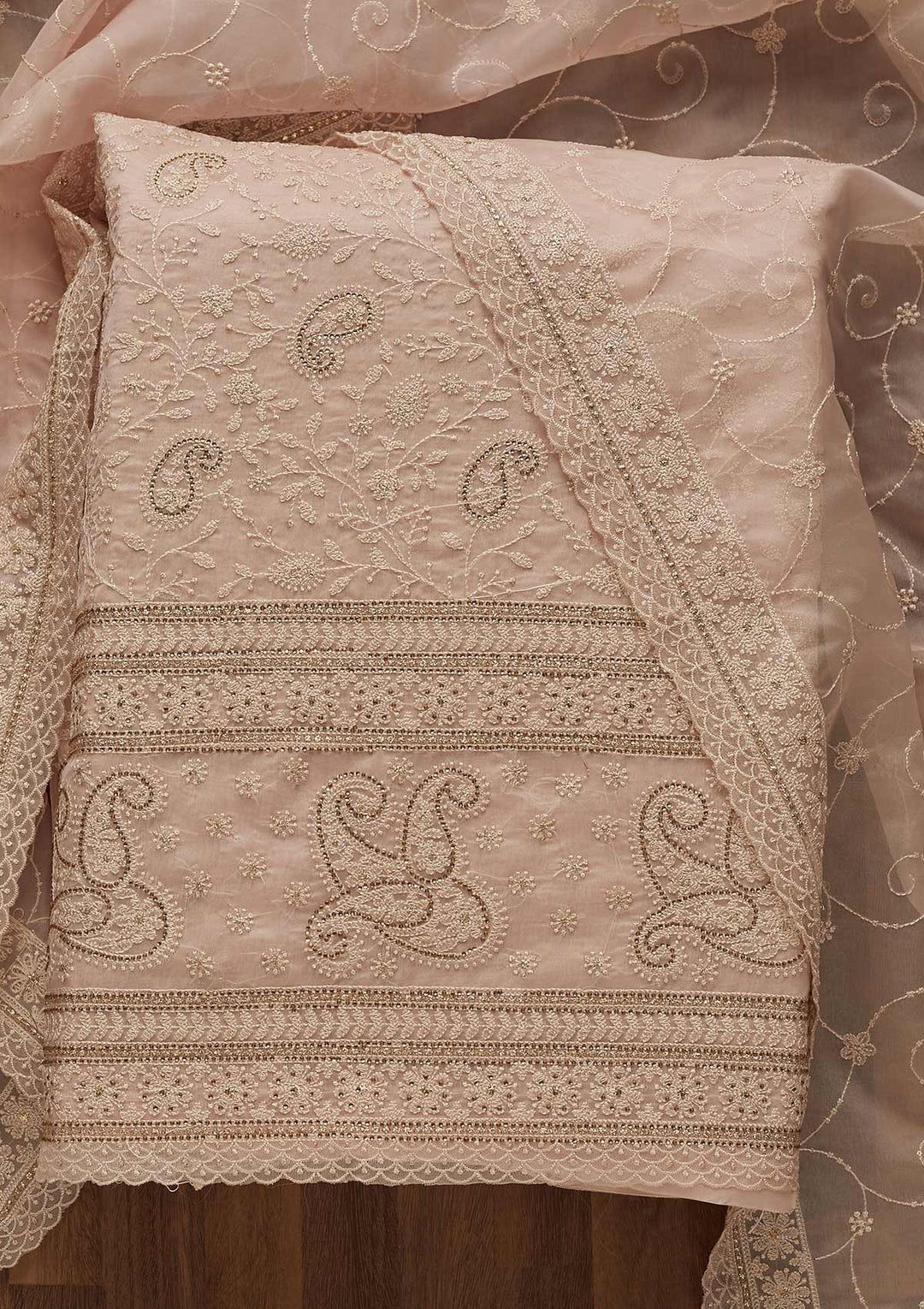 Baby Pink Threadwork Tissue Unstitched Salwar Suit-Koskii