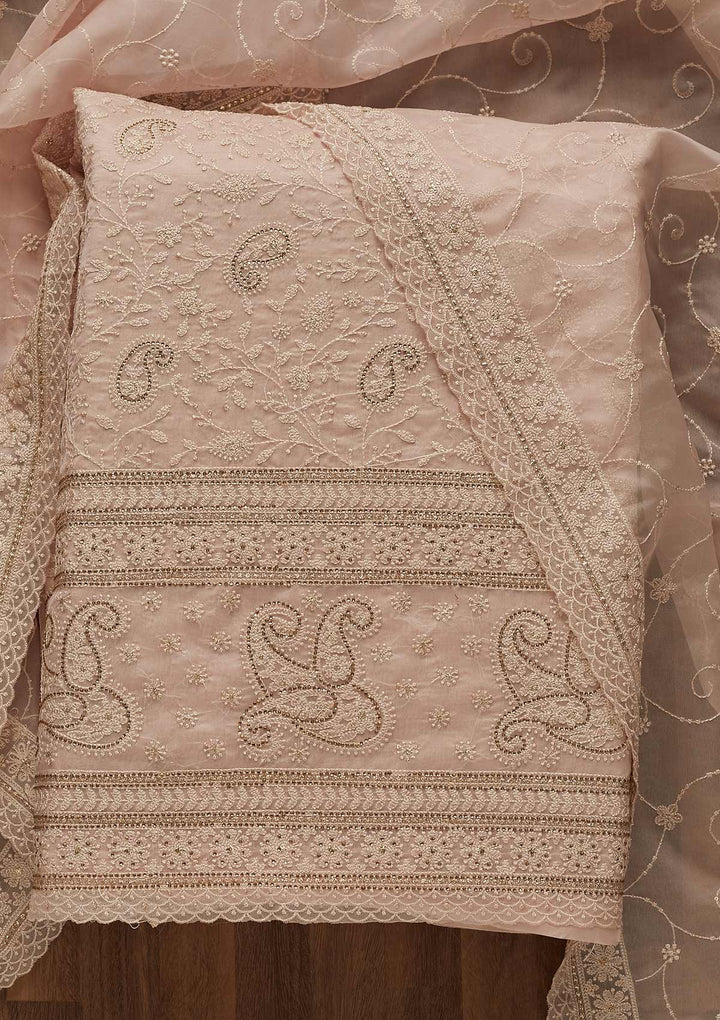 Baby Pink Threadwork Tissue Unstitched Salwar Suit-Koskii