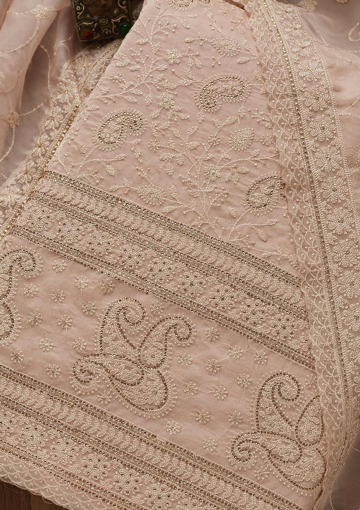 Baby Pink Threadwork Tissue Unstitched Salwar Suit-Koskii