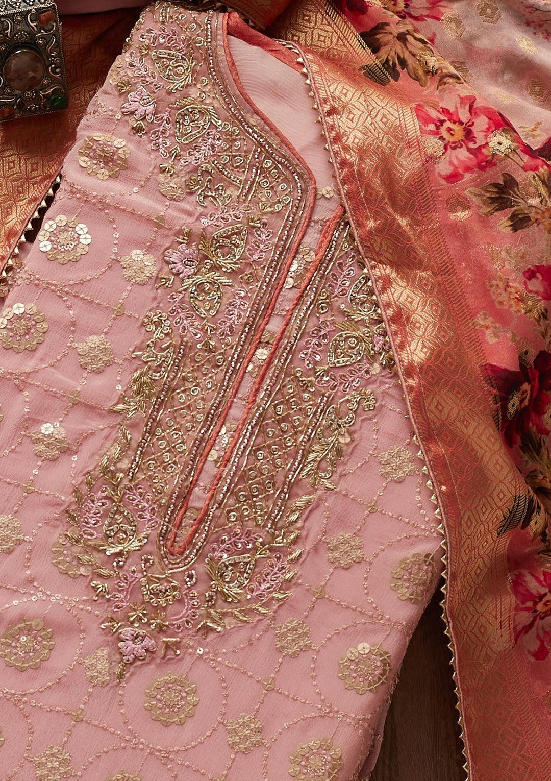 Baby Pink Zardosi Georgette Designer Semi-Stitched Salwar Suit - Koskii