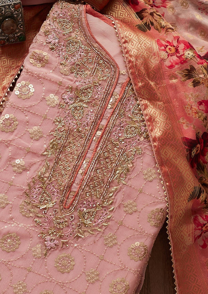 Baby Pink Zardosi Georgette Designer Semi-Stitched Salwar Suit - Koskii