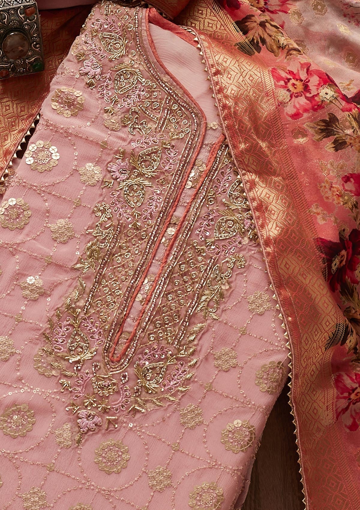 Baby Pink Zardosi Georgette Designer Semi-Stitched Salwar Suit - Koskii