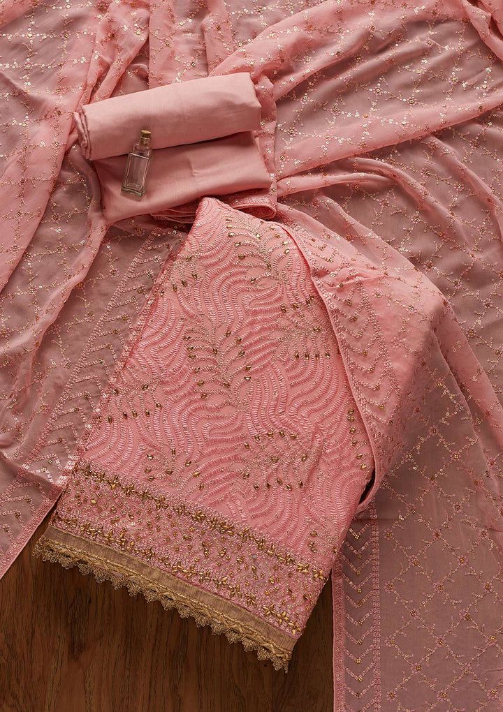 Baby Pink Zariwork Georgette Designer Unstitched Salwar Suit - koskii
