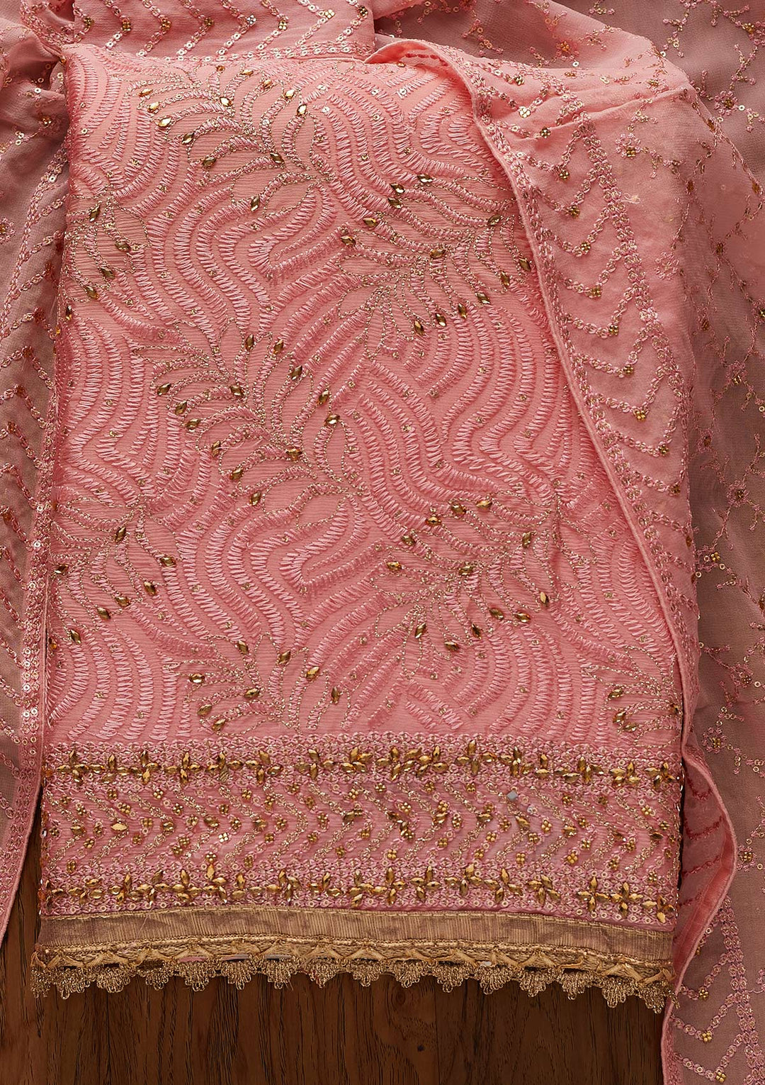 Baby Pink Zariwork Georgette Designer Unstitched Salwar Suit - koskii