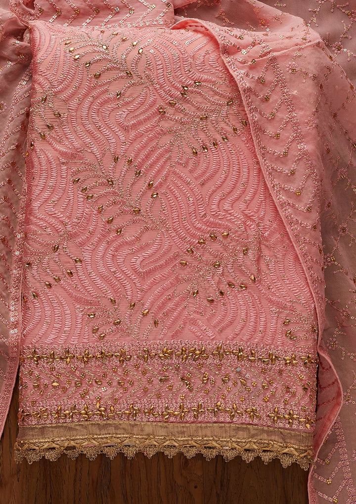 Baby Pink Zariwork Georgette Designer Unstitched Salwar Suit - koskii