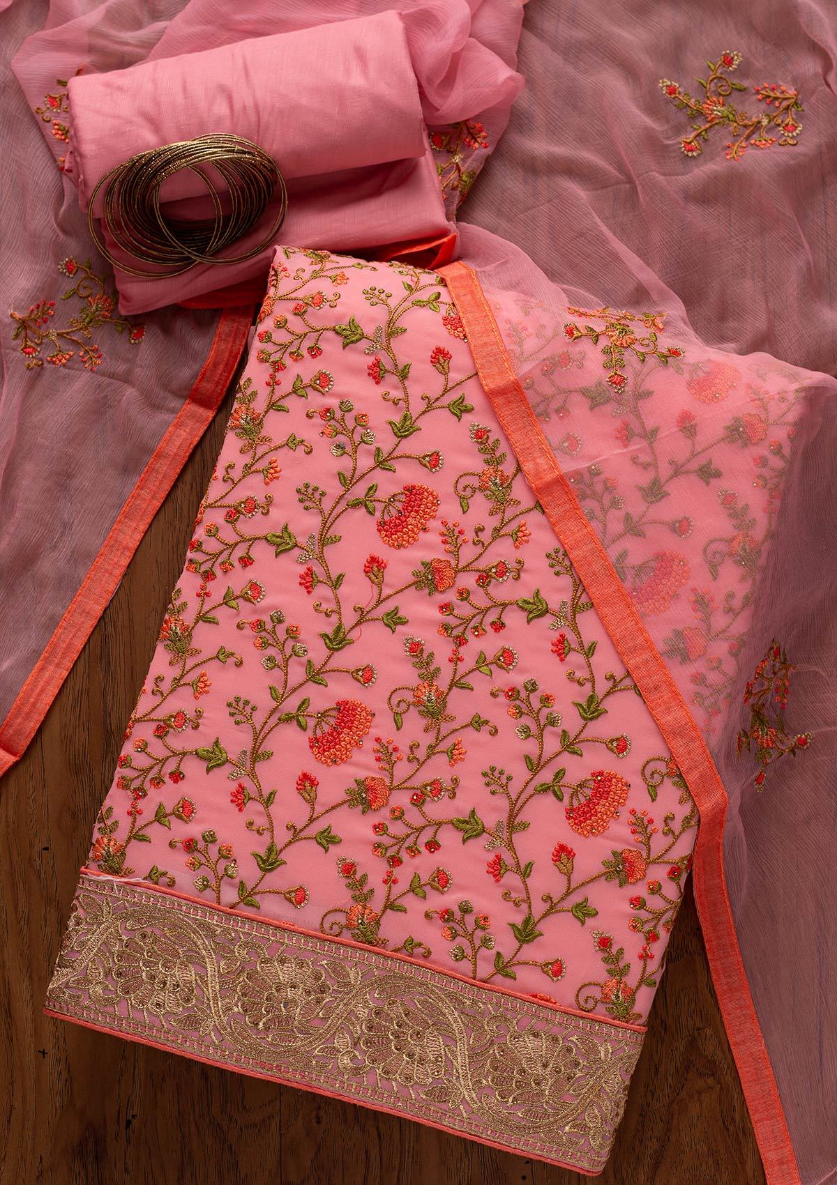 Baby Pink Zariwork Georgette Designer Semi-Stitched Salwar Suit - koskii