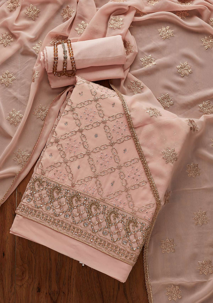 Baby Pink Zariwork Georgette Designer Unstitched Salwar Suit - Koskii