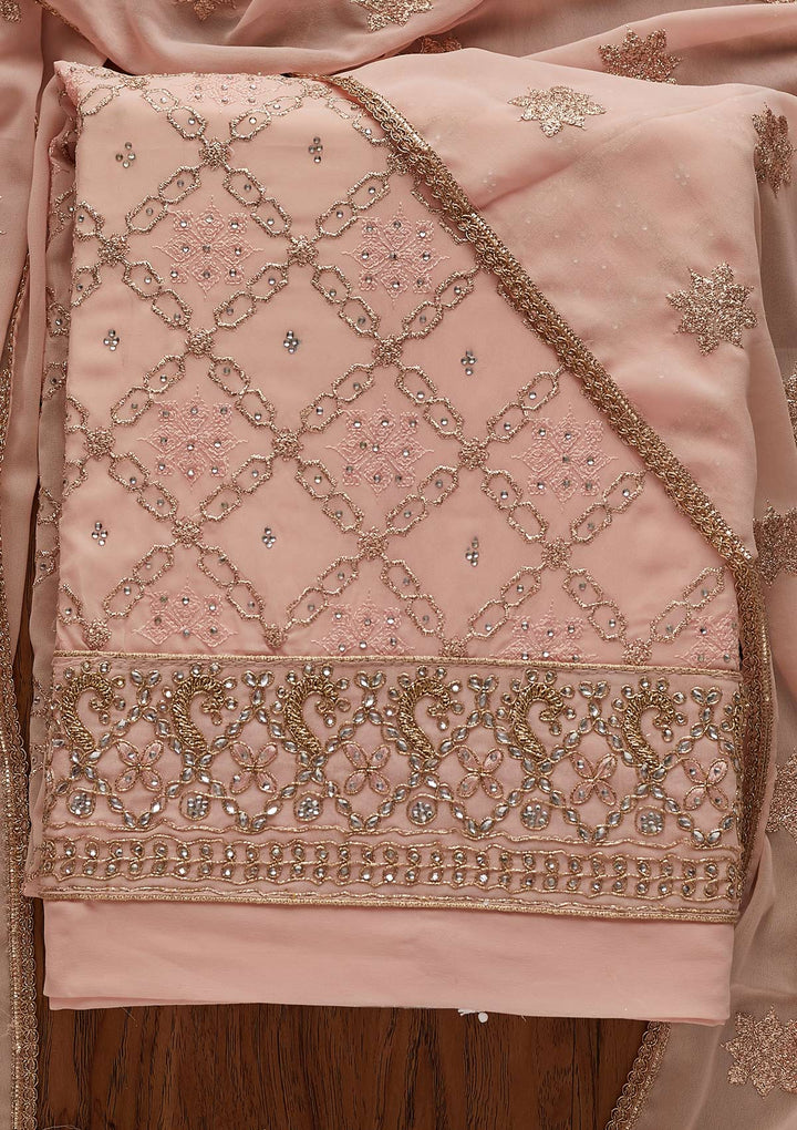 Baby Pink Zariwork Georgette Designer Unstitched Salwar Suit - Koskii