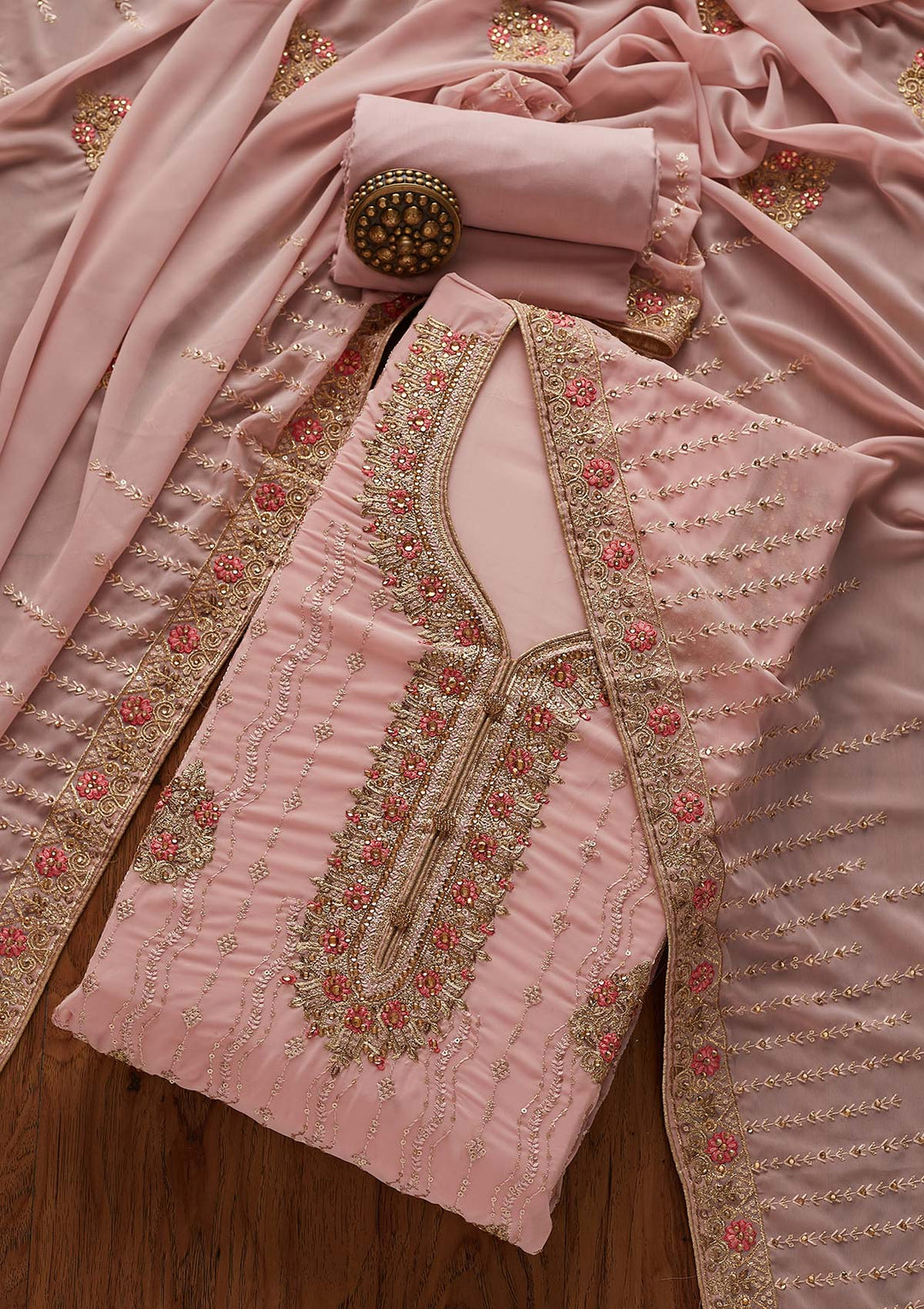 Baby Pink Zariwork Georgette Designer Semi-Stitched Salwar Suit - Koskii
