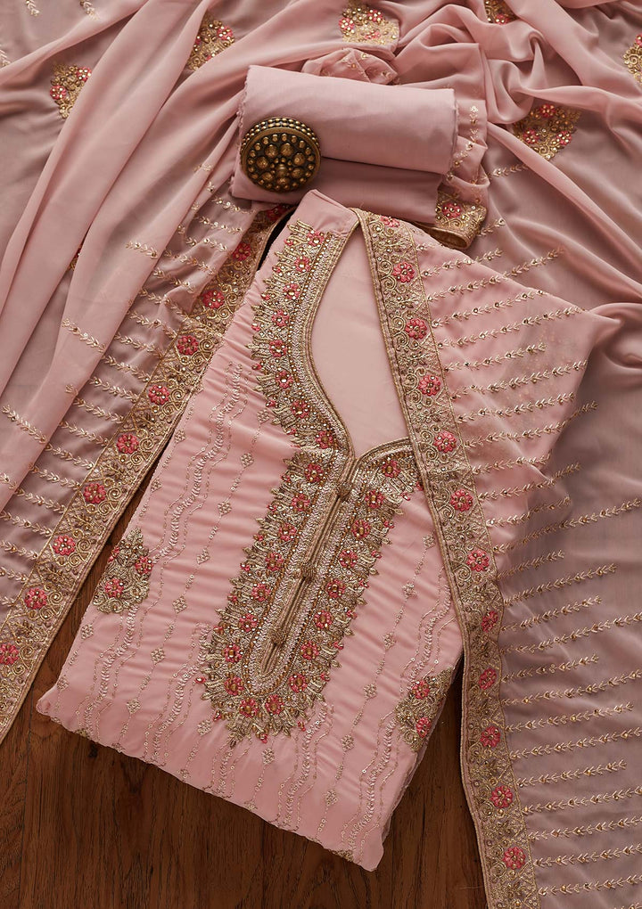 Baby Pink Zariwork Georgette Designer Semi-Stitched Salwar Suit - Koskii