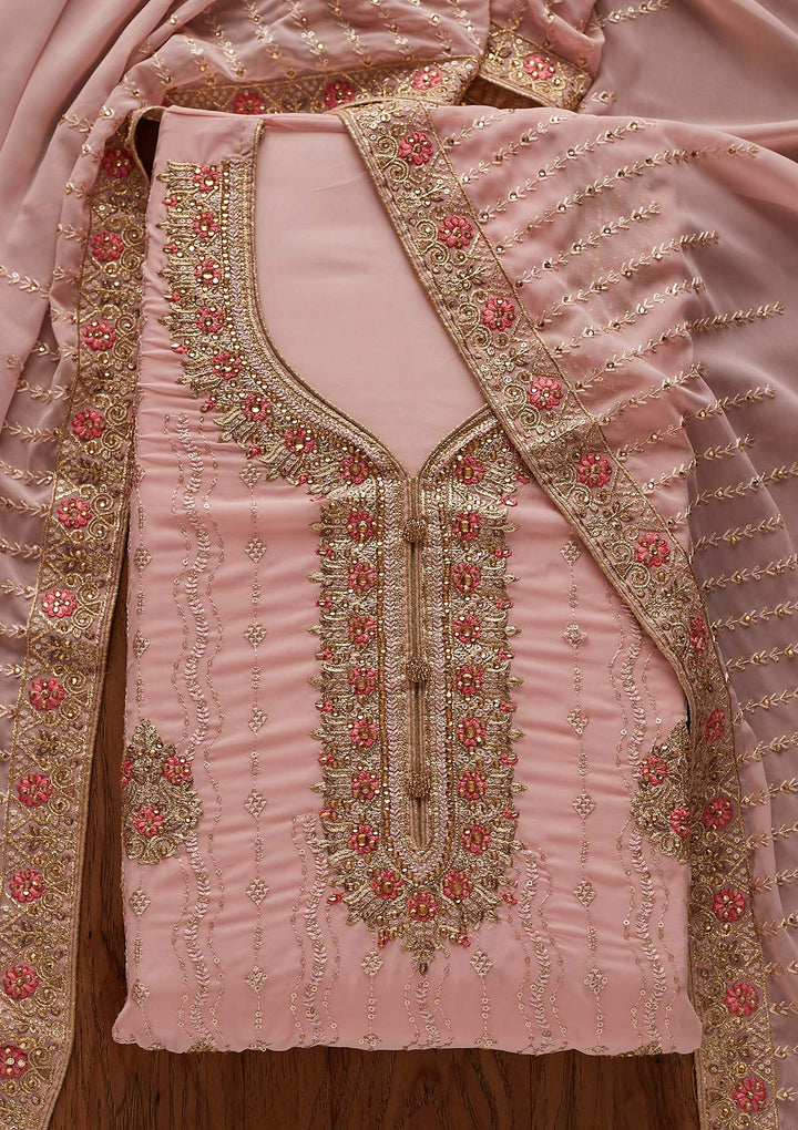 Baby Pink Zariwork Georgette Designer Semi-Stitched Salwar Suit - Koskii