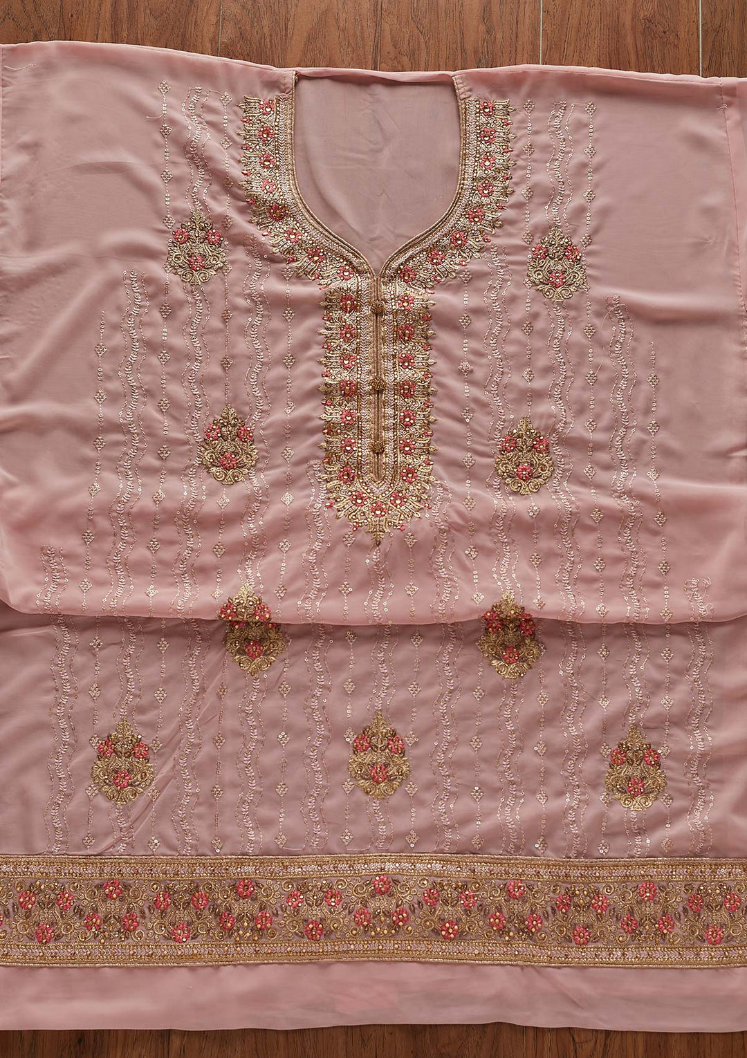 Baby Pink Zariwork Georgette Designer Semi-Stitched Salwar Suit - Koskii