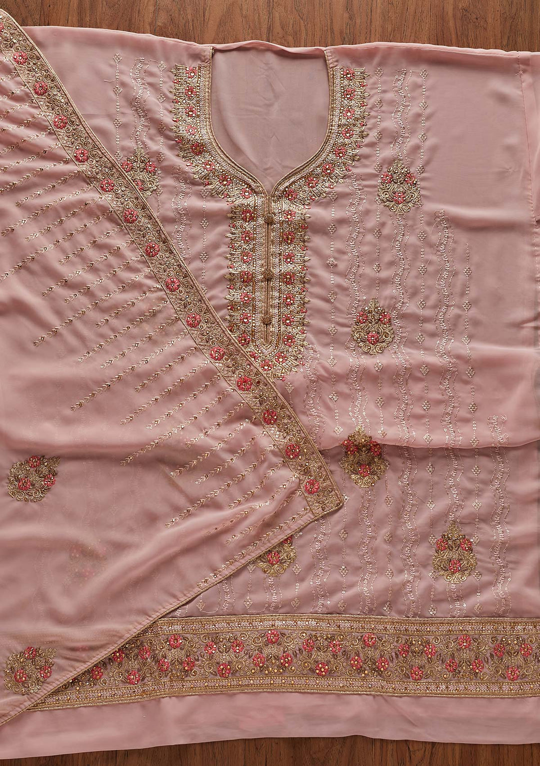 Baby Pink Zariwork Georgette Designer Semi-Stitched Salwar Suit - Koskii