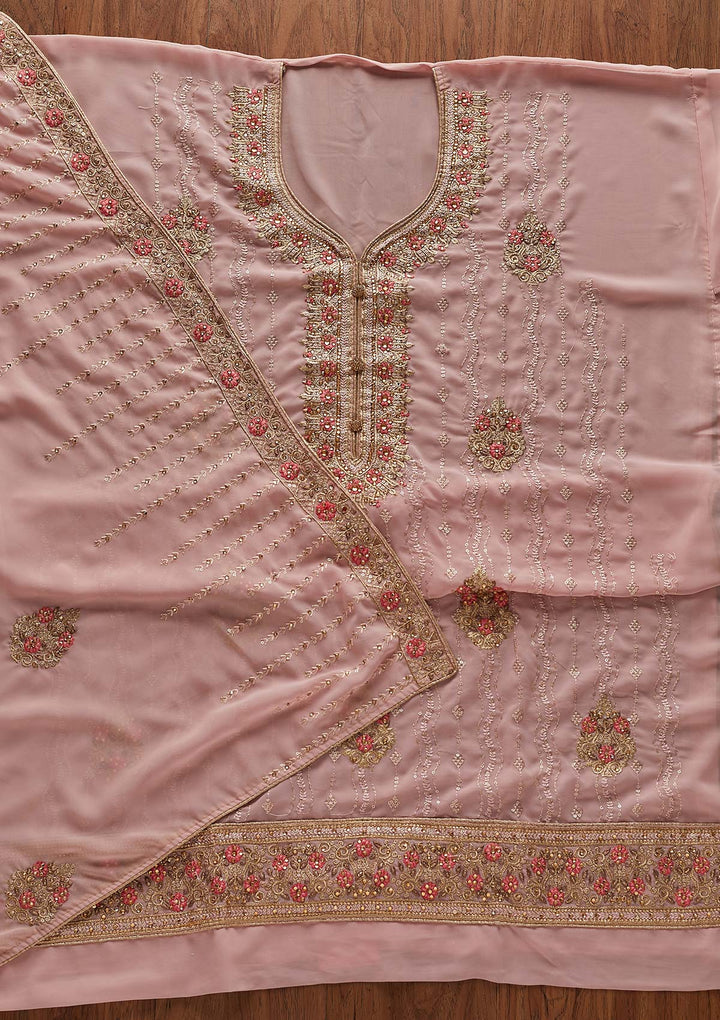 Baby Pink Zariwork Georgette Designer Semi-Stitched Salwar Suit - Koskii
