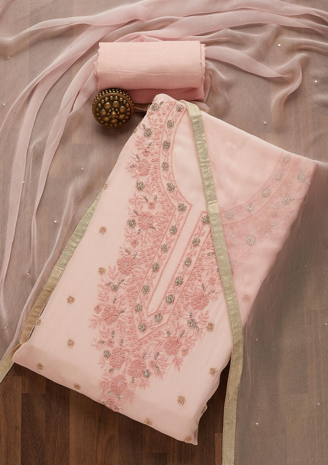 Baby Pink Zariwork Georgette Unstitched Salwar Suit-Koskii