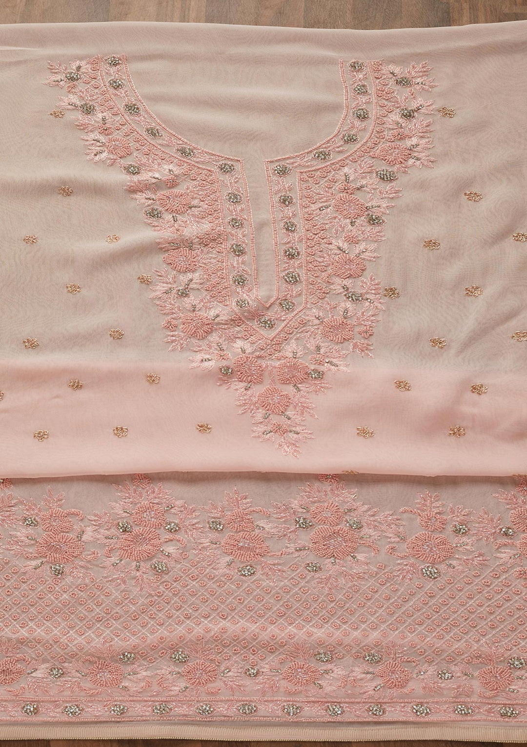 Baby Pink Zariwork Georgette Unstitched Salwar Suit-Koskii