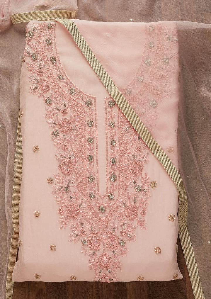 Baby Pink Zariwork Georgette Unstitched Salwar Suit-Koskii