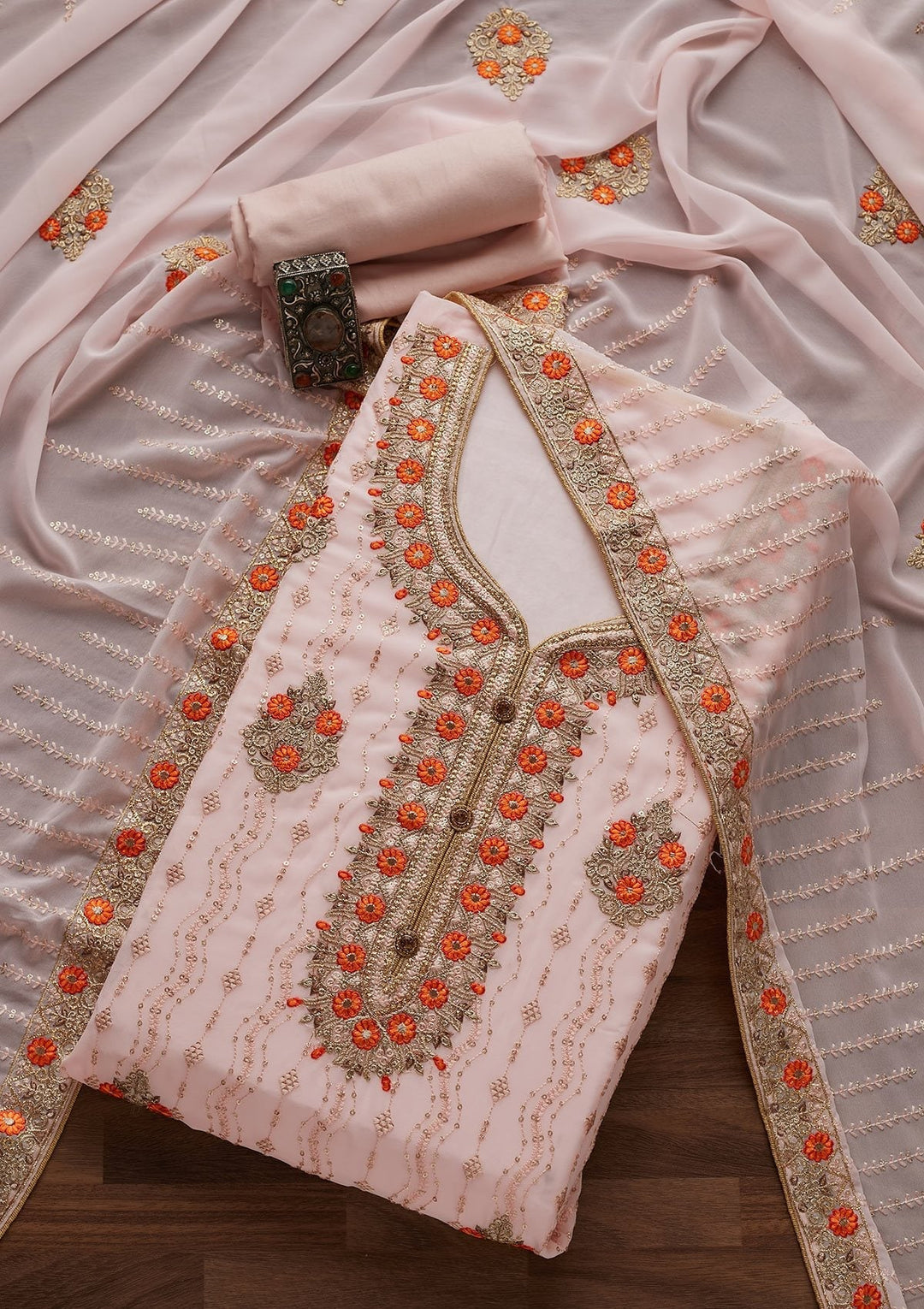 Baby Pink Zariwork Georgette Designer Unstitched Salwar Suit - Koskii