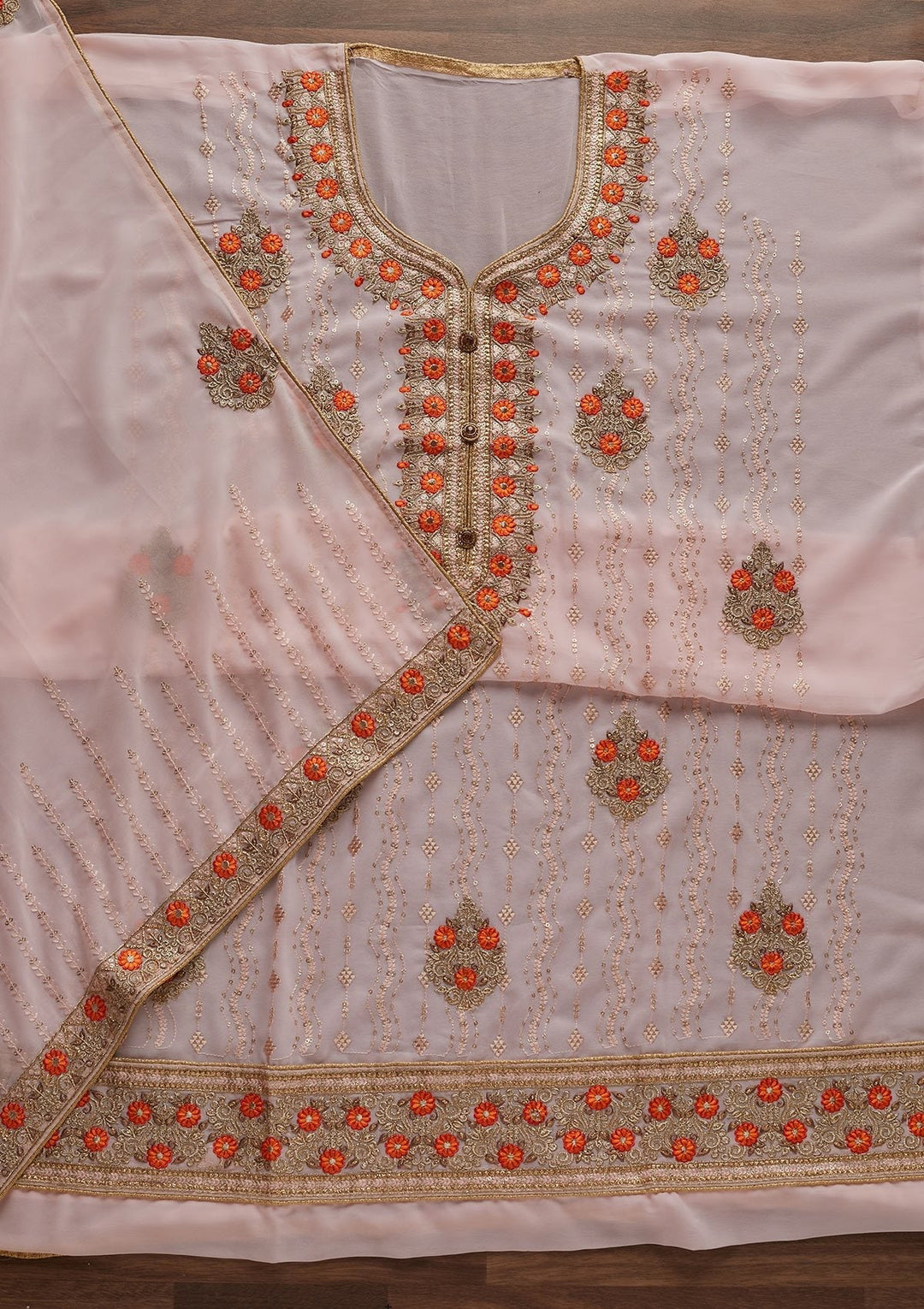 Baby Pink Zariwork Georgette Designer Unstitched Salwar Suit - Koskii