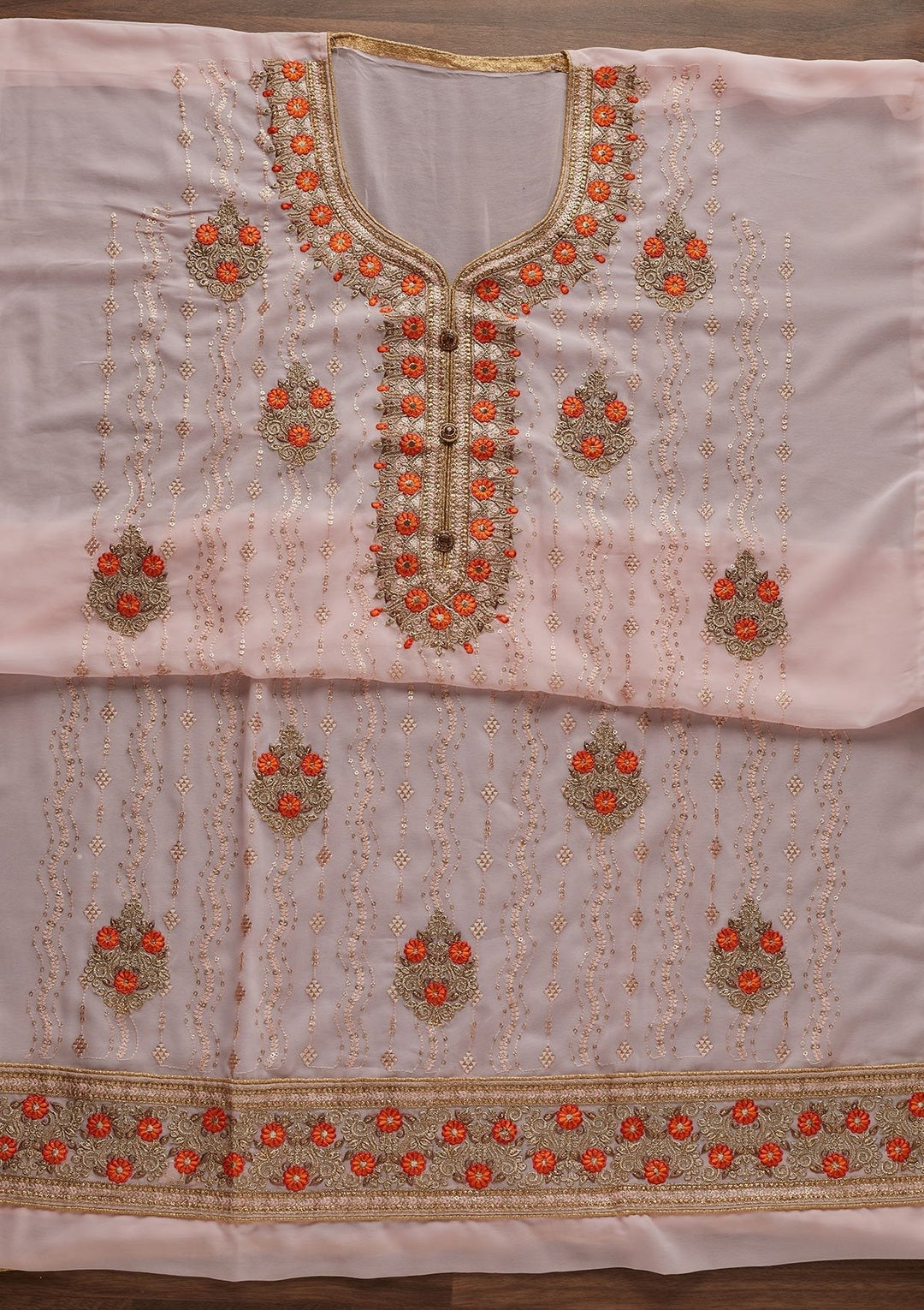 Baby Pink Zariwork Georgette Designer Unstitched Salwar Suit - Koskii