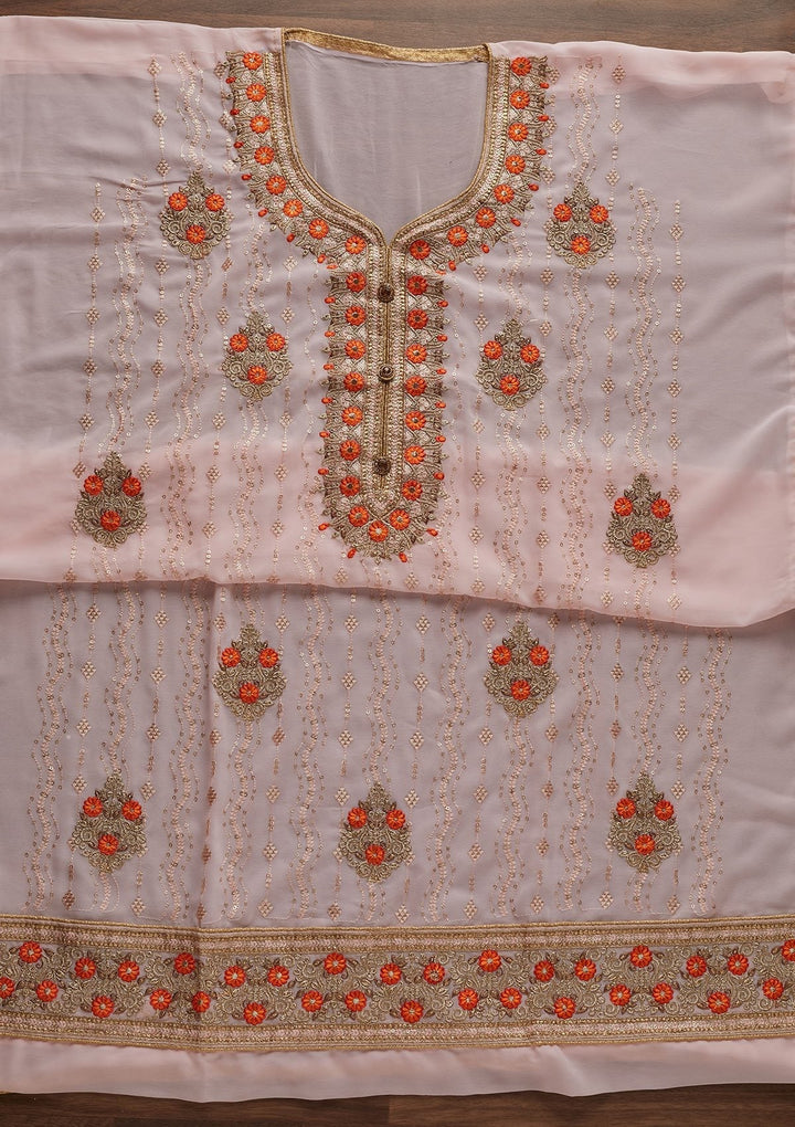 Baby Pink Zariwork Georgette Designer Unstitched Salwar Suit - Koskii