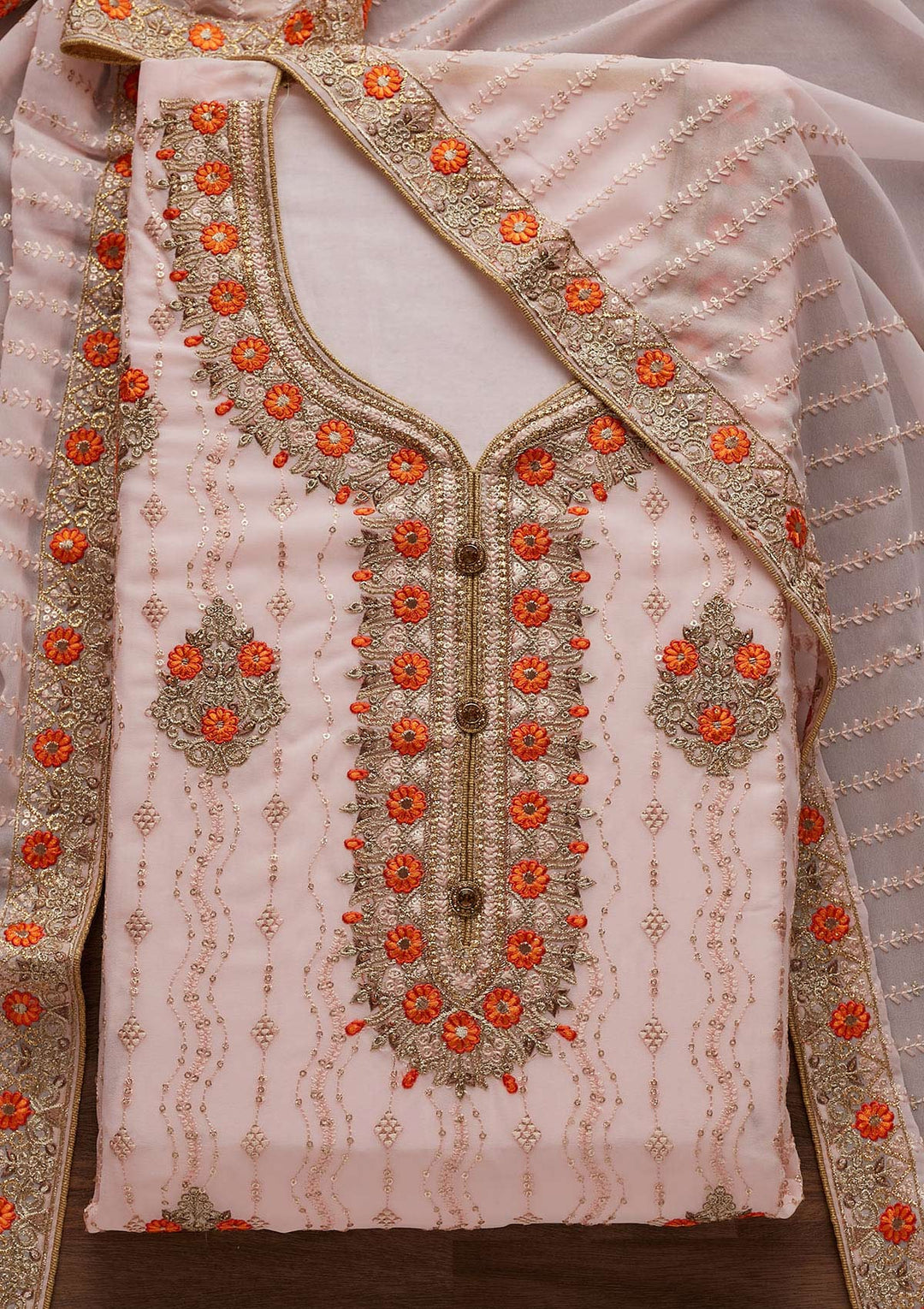 Baby Pink Zariwork Georgette Designer Unstitched Salwar Suit - Koskii