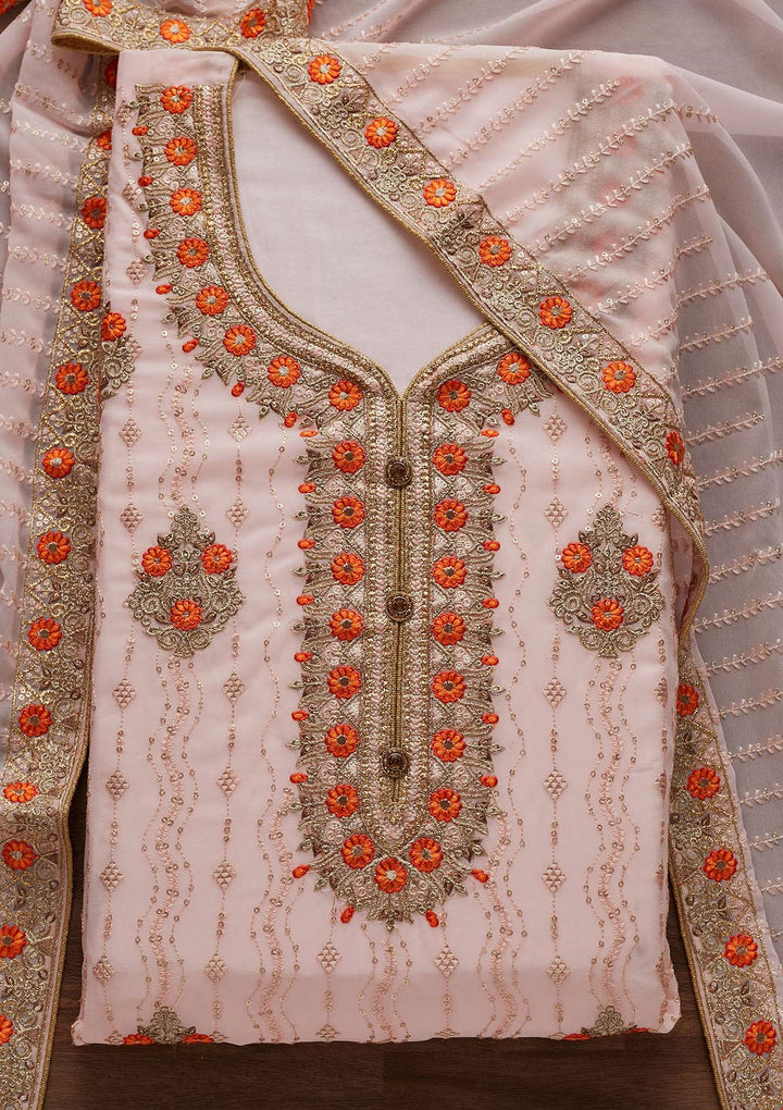 Baby Pink Zariwork Georgette Designer Unstitched Salwar Suit - Koskii