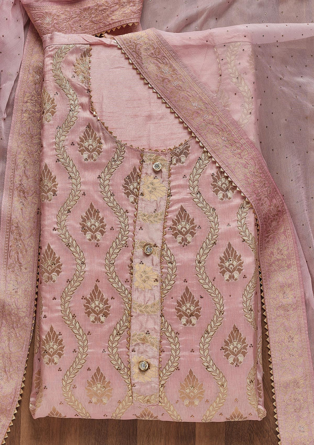 Baby Pink Zariwork Georgette Unstitched Salwar Suit - Koskii